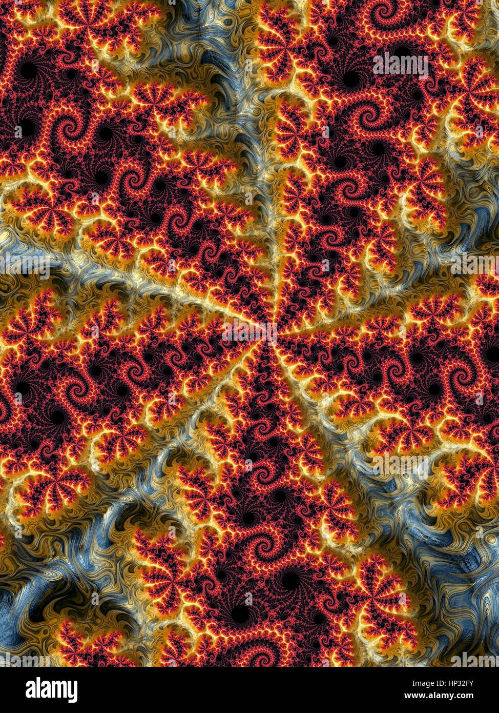 Julia fractal. Computer-generated dragon fractal derived from the Julia Set. Fractals are patterns that are formed by repeated subdivisions using some simple mathematical process. The large scale features of the pattern are repeated forever on an ever decreasing scale. The Julia Set is a class of shapes plotted from complex number coordinates. It was invented and studied during World War I by the French mathematicians Gaston Julia and Pierre Fatou. Fractals are used to model natural forms, such as snowflakes, and to study chaos theory. Stock Photo
