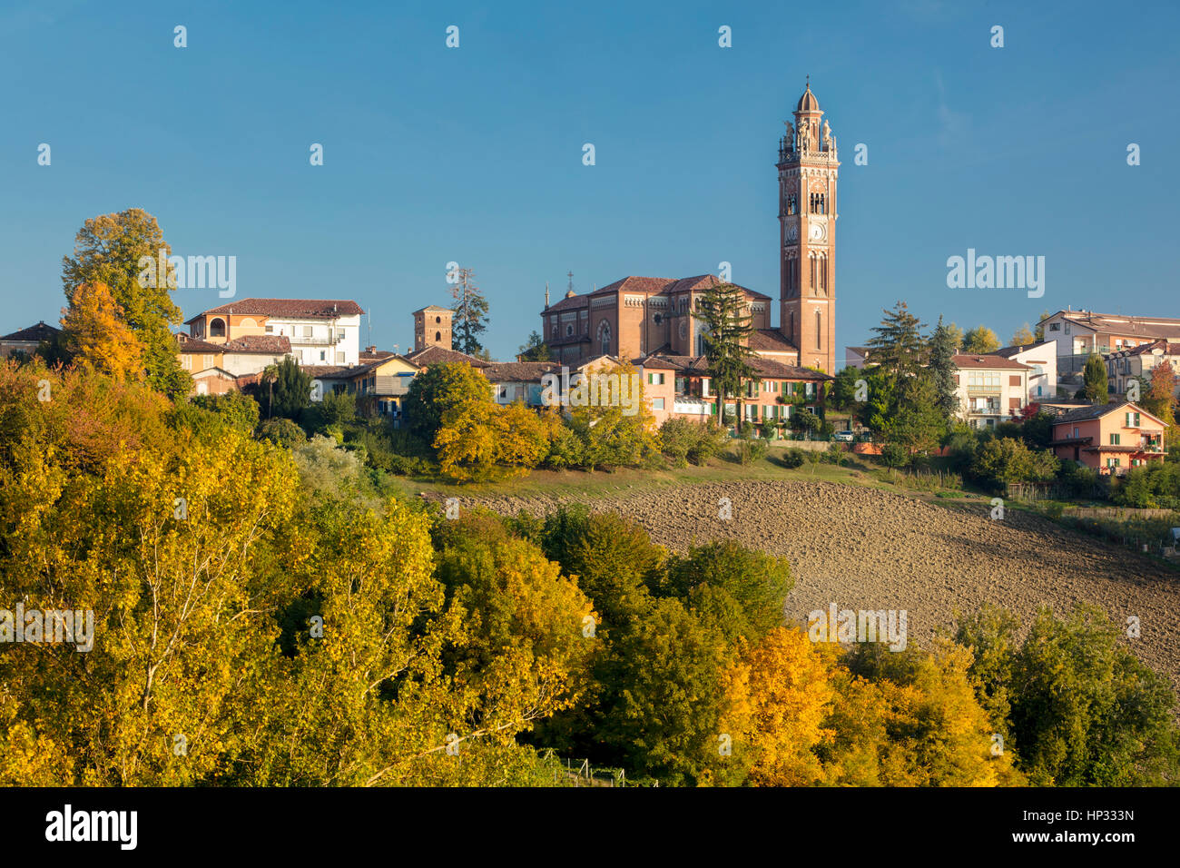 Autumn view over Chiesa della Madonna della Neve and town of Monforte d'Alba, Piemonte, Italy Stock Photo