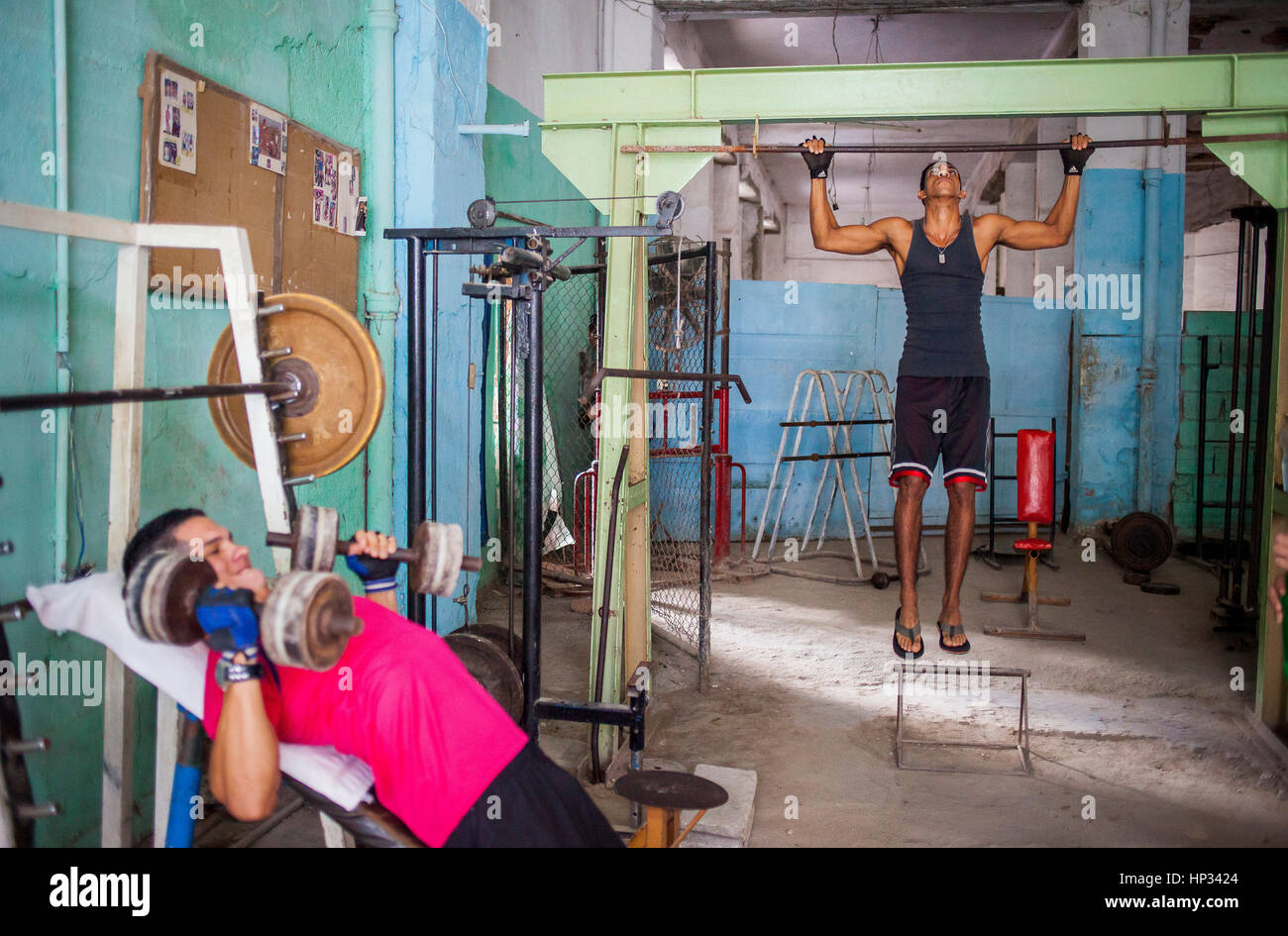 Body builder, muscleman, A Cuban men does exercise at a bodybuilding gym, in San Rafael street, Centro Habana, La Habana, Cuba Stock Photo