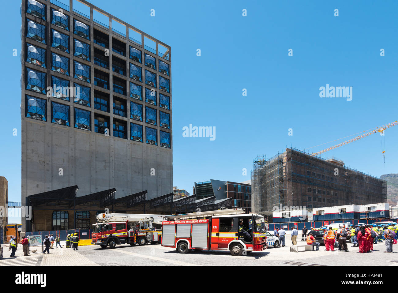 Cape Town, South Africa - December 1, 2016: Fire department in front of the construction site of the new Zeitz Museum of Contemporary Art of Africa in Stock Photo