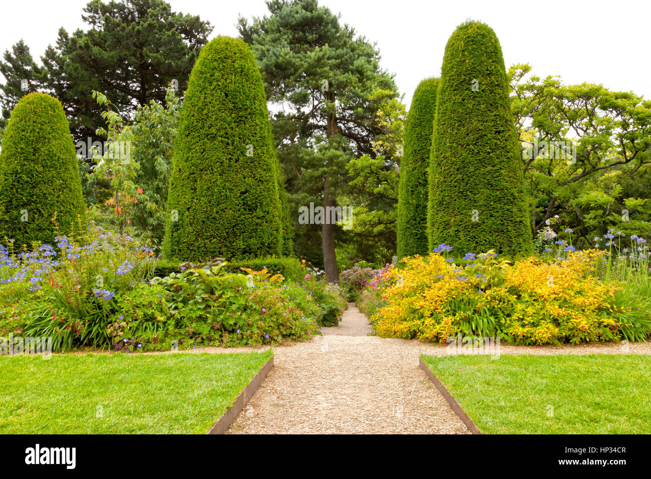 Stone pathway crossing summer flowers flowerbeds and lawn in a landscaped garden, with pine trees and shaped conifers Stock Photo