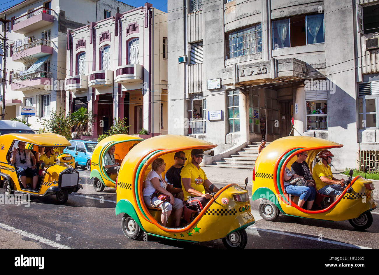 Coco Taxi, cocotaxi, cab, taxicab, in L street, Vedado district, La Habana, Cuba. Stock Photo