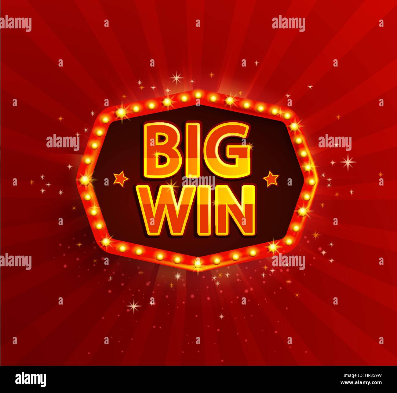 Big win retro banner with glowing lamps. Vector illustration for winners of poker, cards, roulette and lottery. Vintage light frame. Red background. Stock Vector