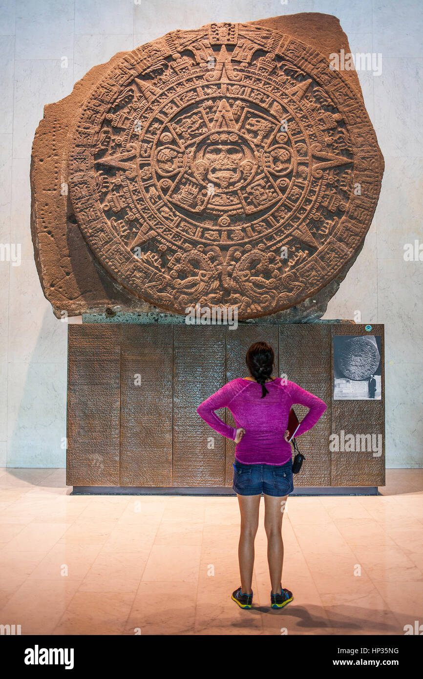 'Piedra del Sol' (Stone of the Sun), Aztec civilization, National Museum of Anthropology. Mexico City. Mexico Stock Photo