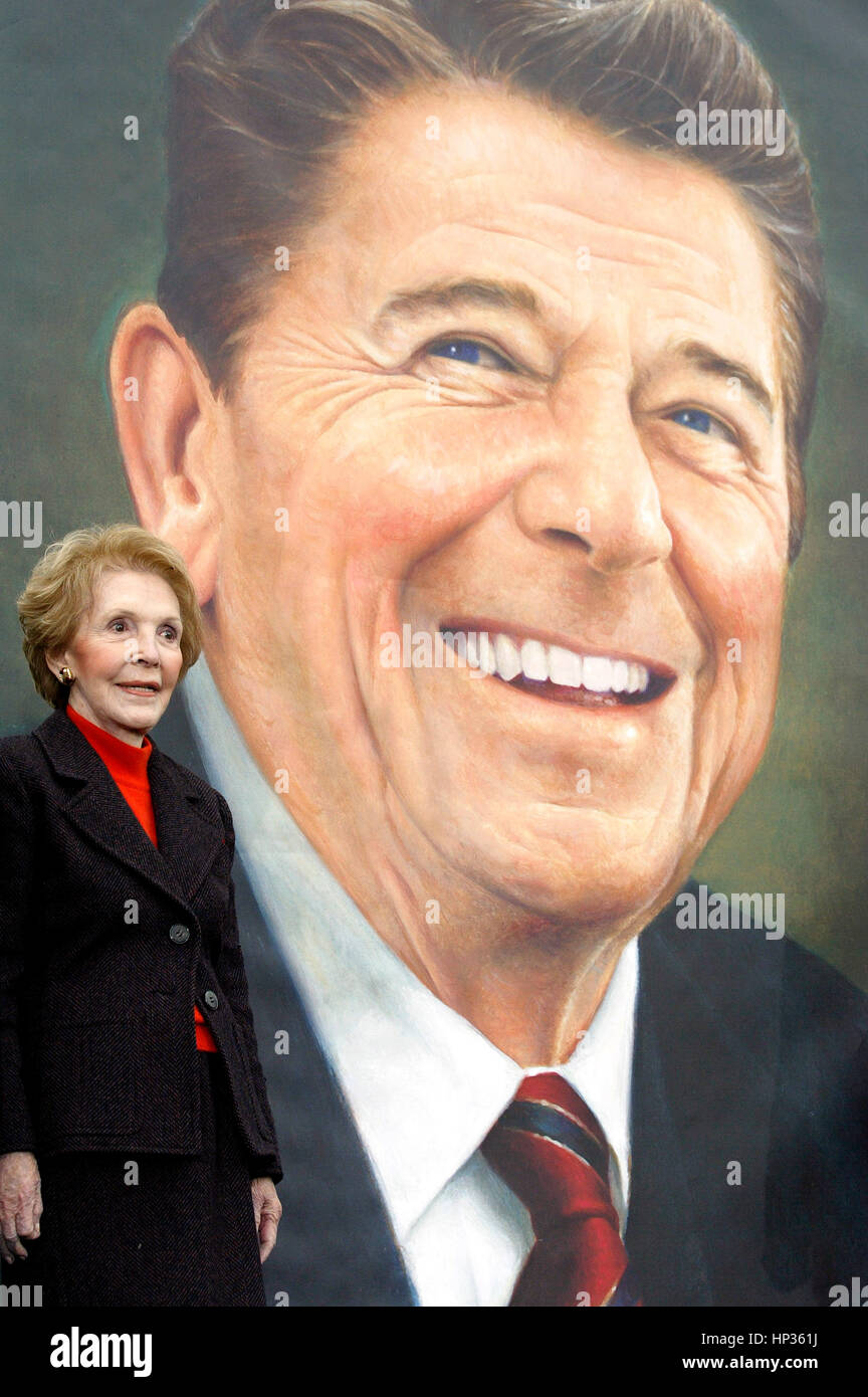 Former First Lady Nancy Reagan at a ceremony for the new United States Postal Service stamp of the late President Ronald Reagan  at the Ronald Reagan Presidential Library and Museum in Simi Valley, CA on November 9, 2004. Photo Credit: Francis Specker Stock Photo