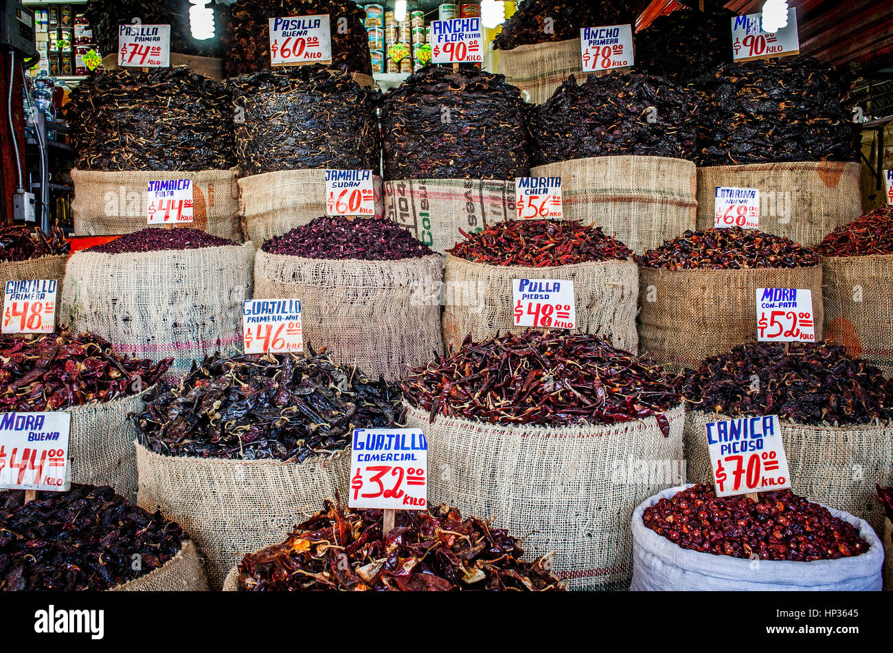 De la Merced market, Chile or pepper shop, Mexico City, Mexico Stock Photo