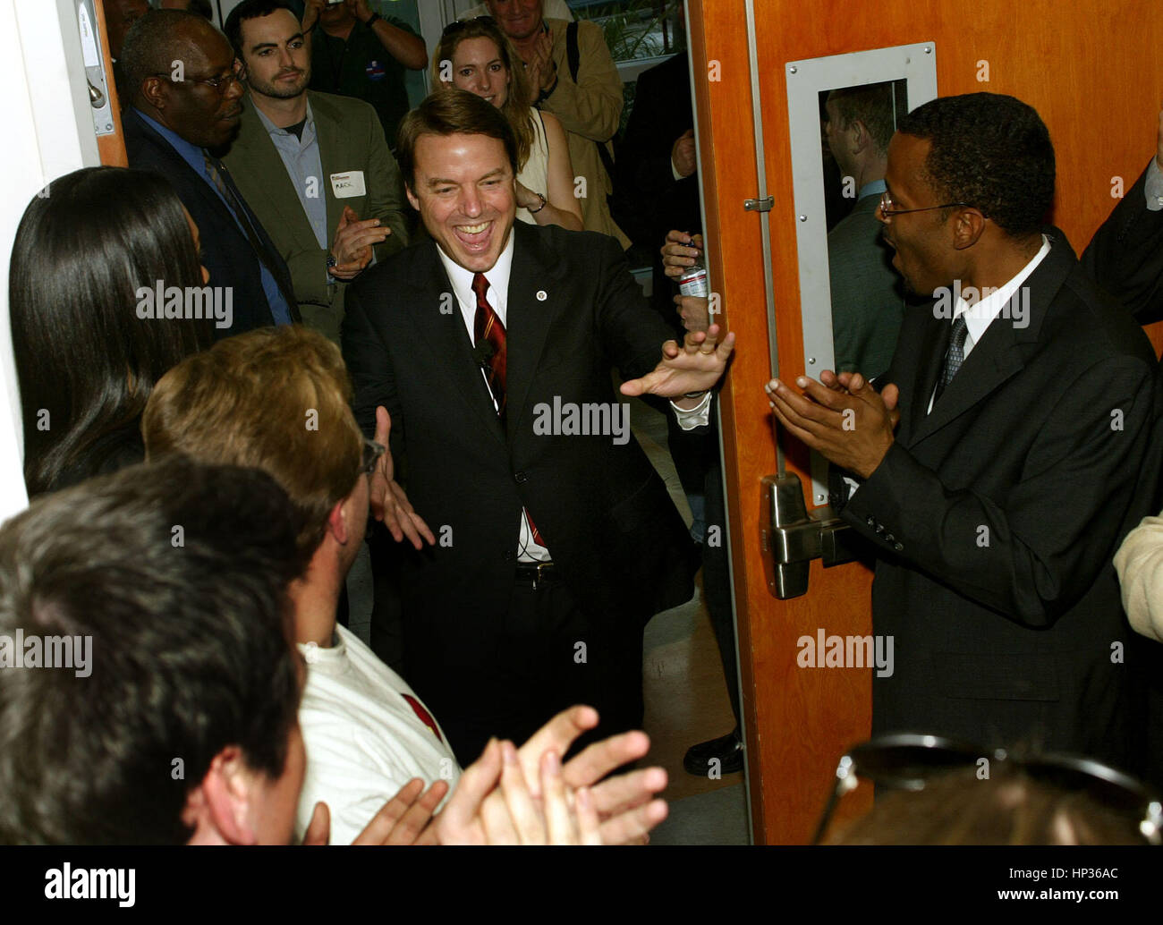 Democratic presidential candidate, North Carolina Sen. John Edwards (D-NC),  is greeted by supporters at the Culver City Senior Citizen Center in Los Angeles, California on Thursday, 12 Feburary 2004. Edwards is trying to win the Democratic nomination for President, trailing Sen. John Kerry in the polls.  Photo by Francis Specker Stock Photo