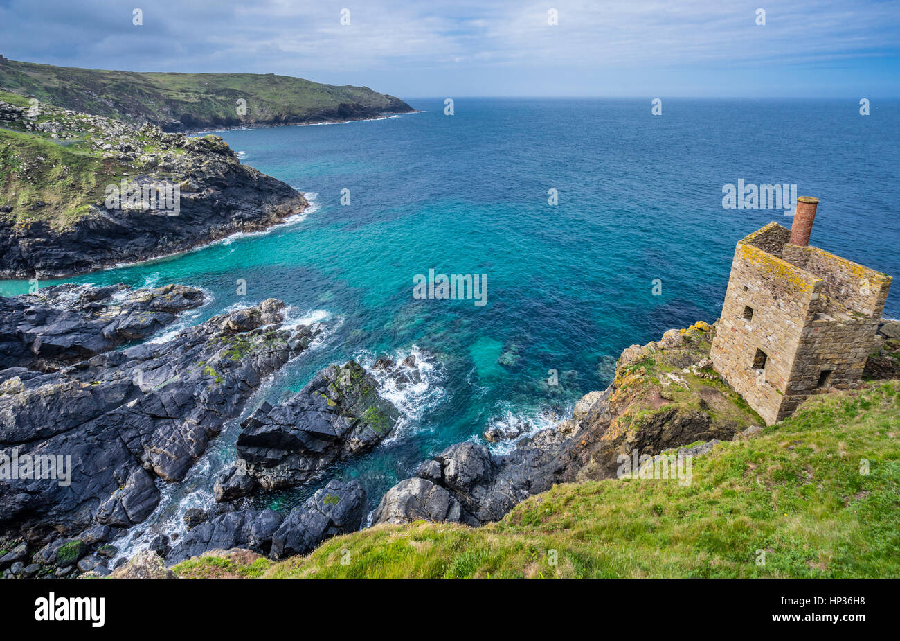 United Kingdom, South West England, Cornwall, Botallack Mine industrial heritage site, view of Crown's Engine House set low down the cliffs Stock Photo