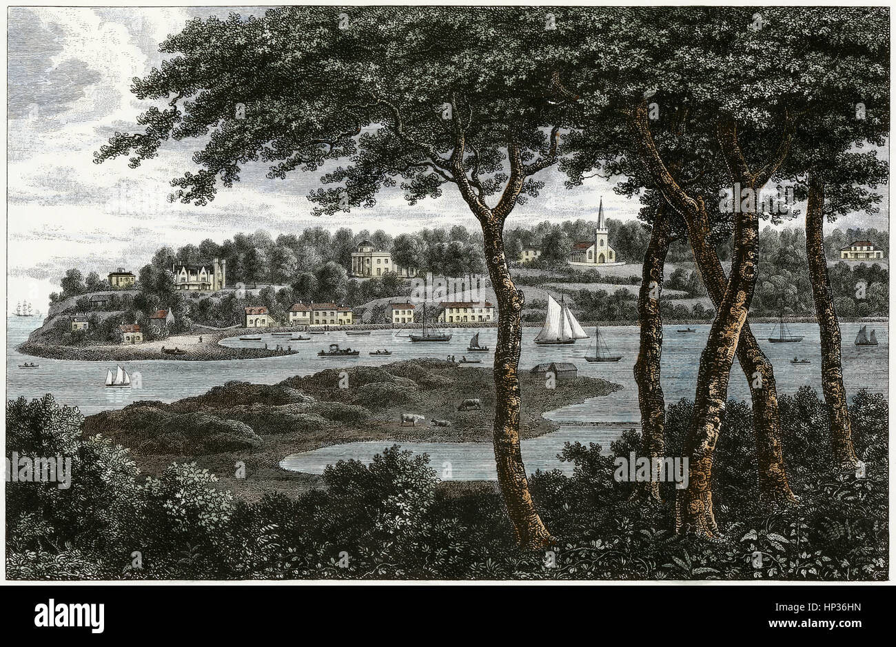 Antique c1840 hand-colored engraving, Bembridge and Entrance to Brading Haven. Bembridge is a village and civil parish located on the easternmost point of the Isle of Wight. Stock Photo