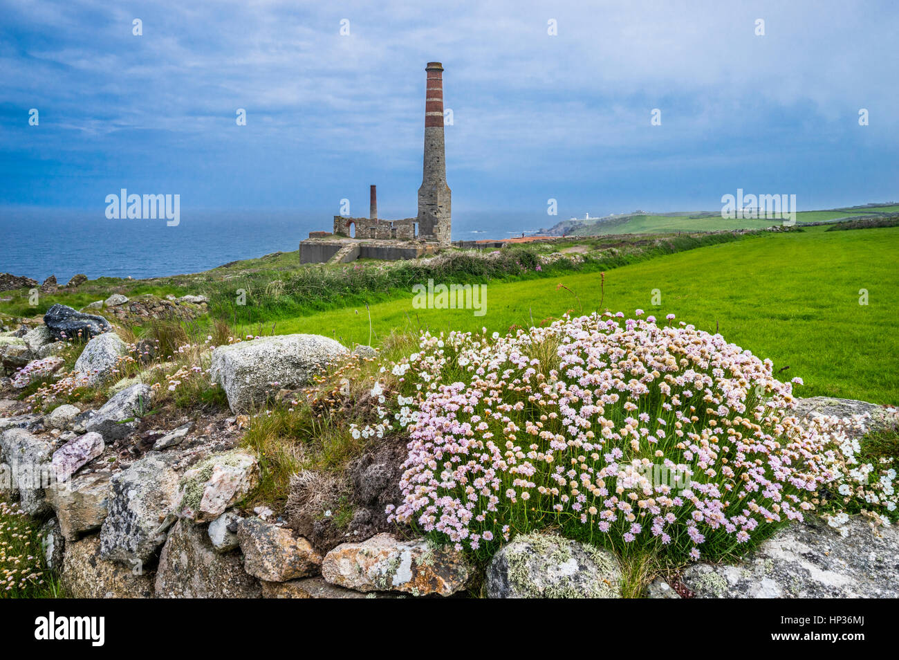United Kingdom, South West England, Cornwall, Tin Coast, Levant Mine, the stack with its decorative banded brickwork, served the boilers of the steam  Stock Photo