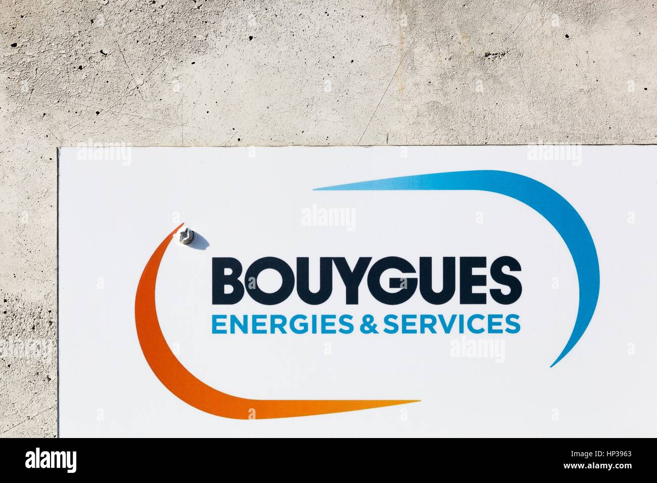 Rennes, France - October 30, 2016:Bouygues energie and services logo on a wall Stock Photo