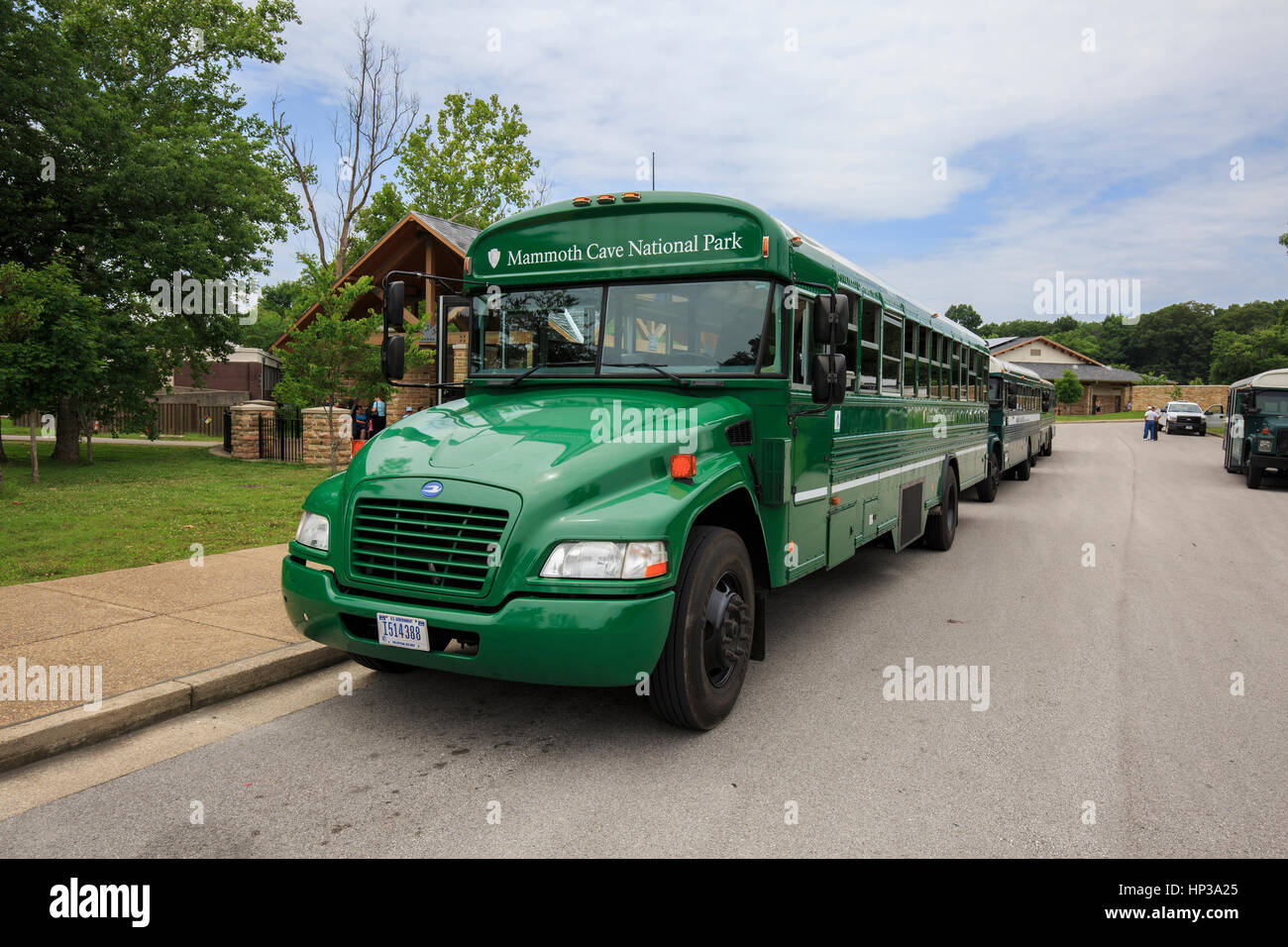 Busses ready to take visitors to various caving tours at Mammoth Cave National Park. Stock Photo