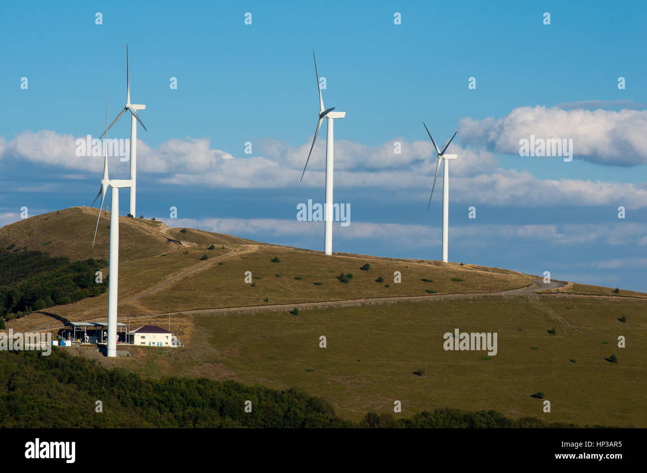 Wind Turbines.  Renewable energy. Obtaining electricity from wind. Preservation of nature. Stock Photo