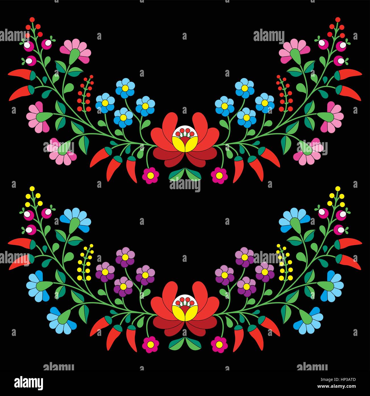 Hungarian floral folk pattern Kalocsai embroidery with flowers and