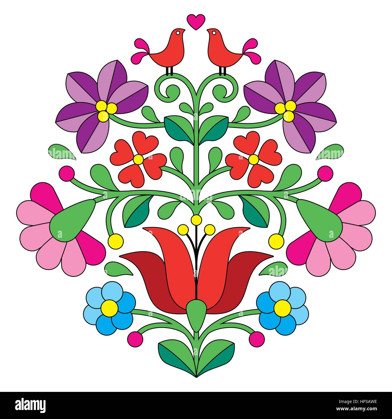 Kalocsai embroidery - Hungarian floral folk pattern with birds. Vector background - traditional pattern from Hungary isolated on white Stock Vector