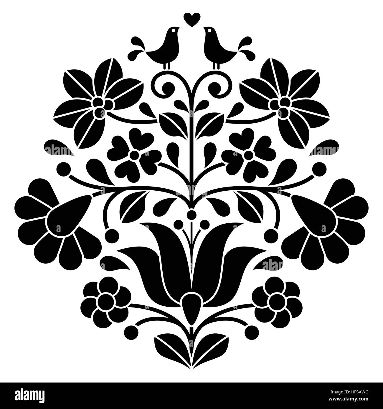 Kalocsai black embroidery - Hungarian floral folk pattern with birds Stock Vector