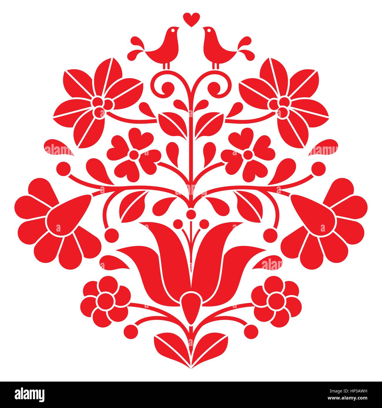 Kalocsai red embroidery - Hungarian floral folk pattern with birds. Vector background - traditional pattern from Hungary isolated on white Stock Vector