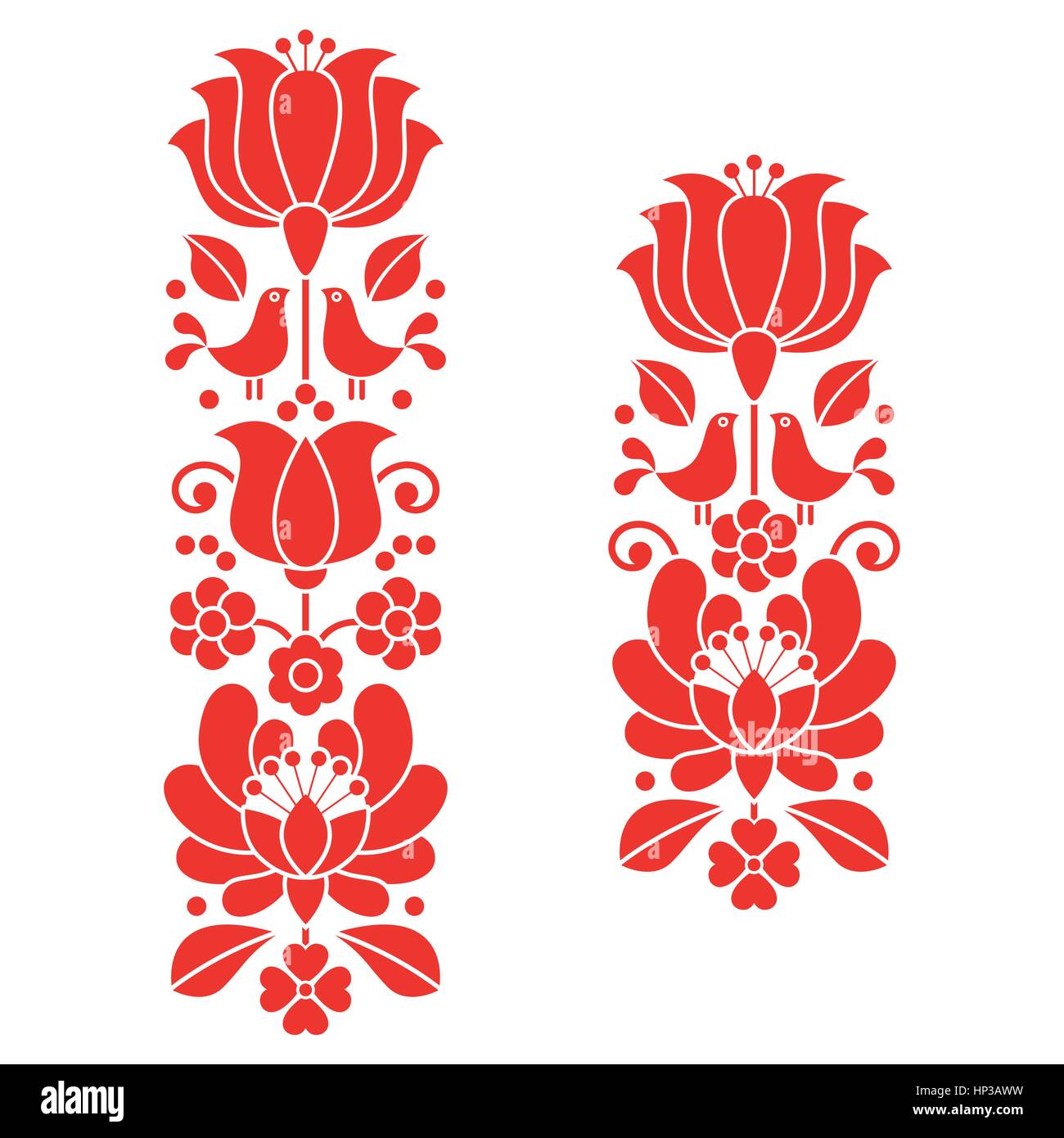 Kalocsai red embroidery - Hungarian floral folk art long patterns Stock Vector