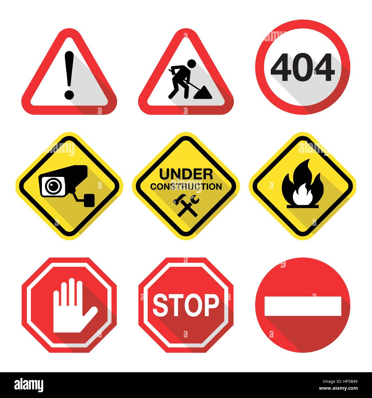 Warning signs danger, risk, stress flat design. Attention, warning