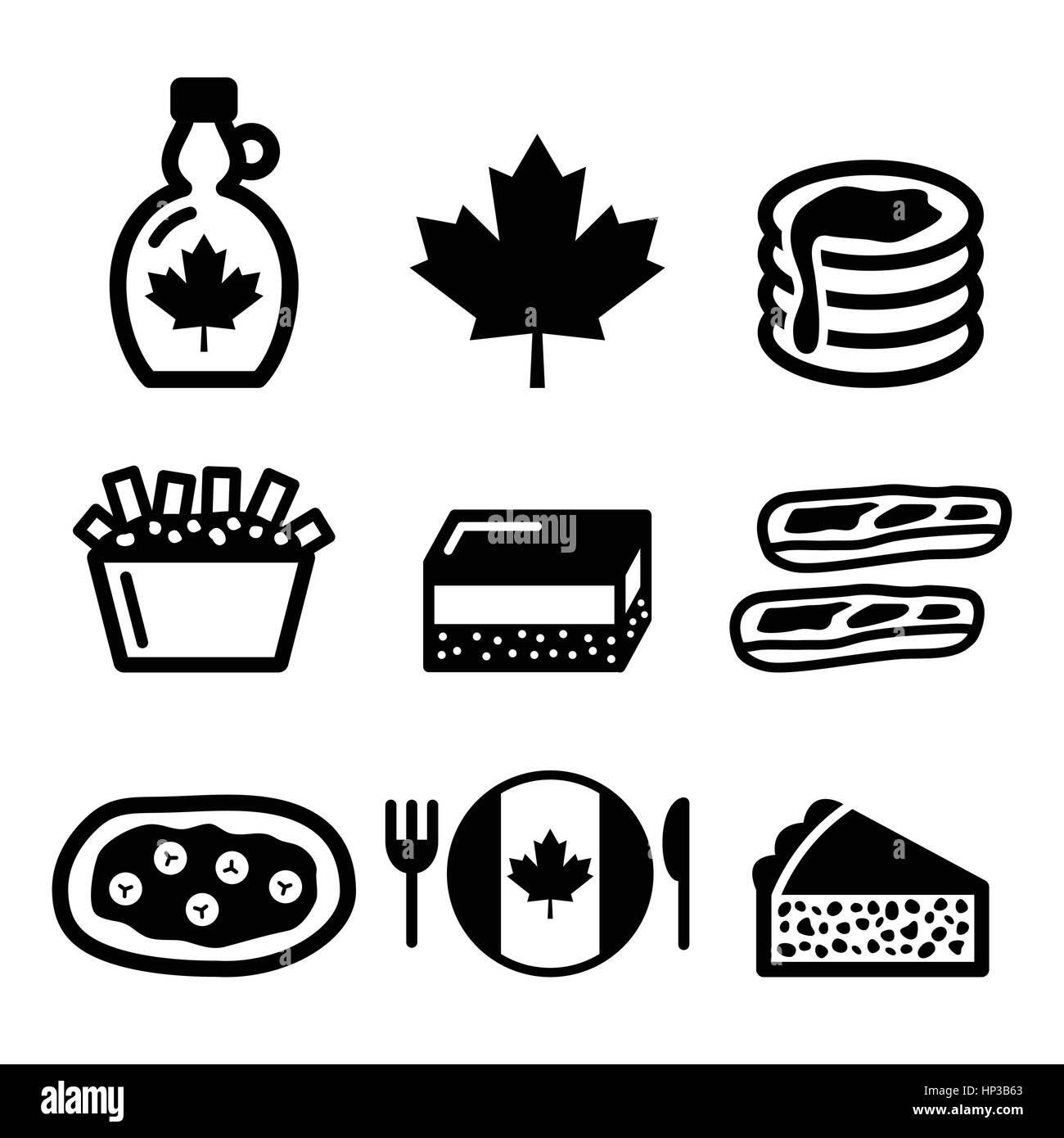 Canadian food icons - maple syrup, poutine, nanaimo bar, beaver tale, tourtière. Vector icons set - traditional meals and dishes from Cana Stock Vector