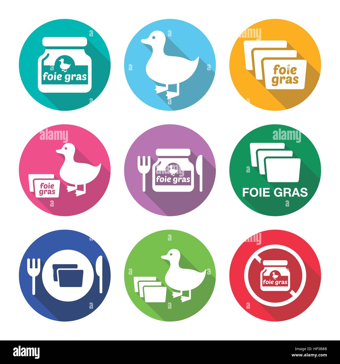 Foie gras, duck or goose flat design icons set. Vector icons set of French cuisine - foie gras isolated on white Stock Vector