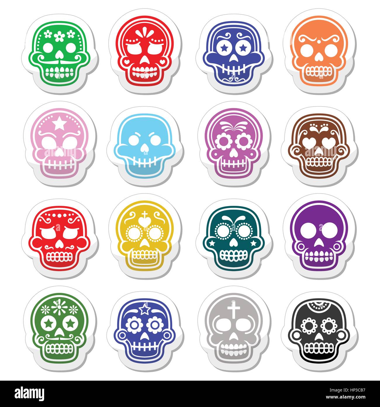 Halloween, Mexican sugar skull, Dia de los Muertos  icons Stock Vector