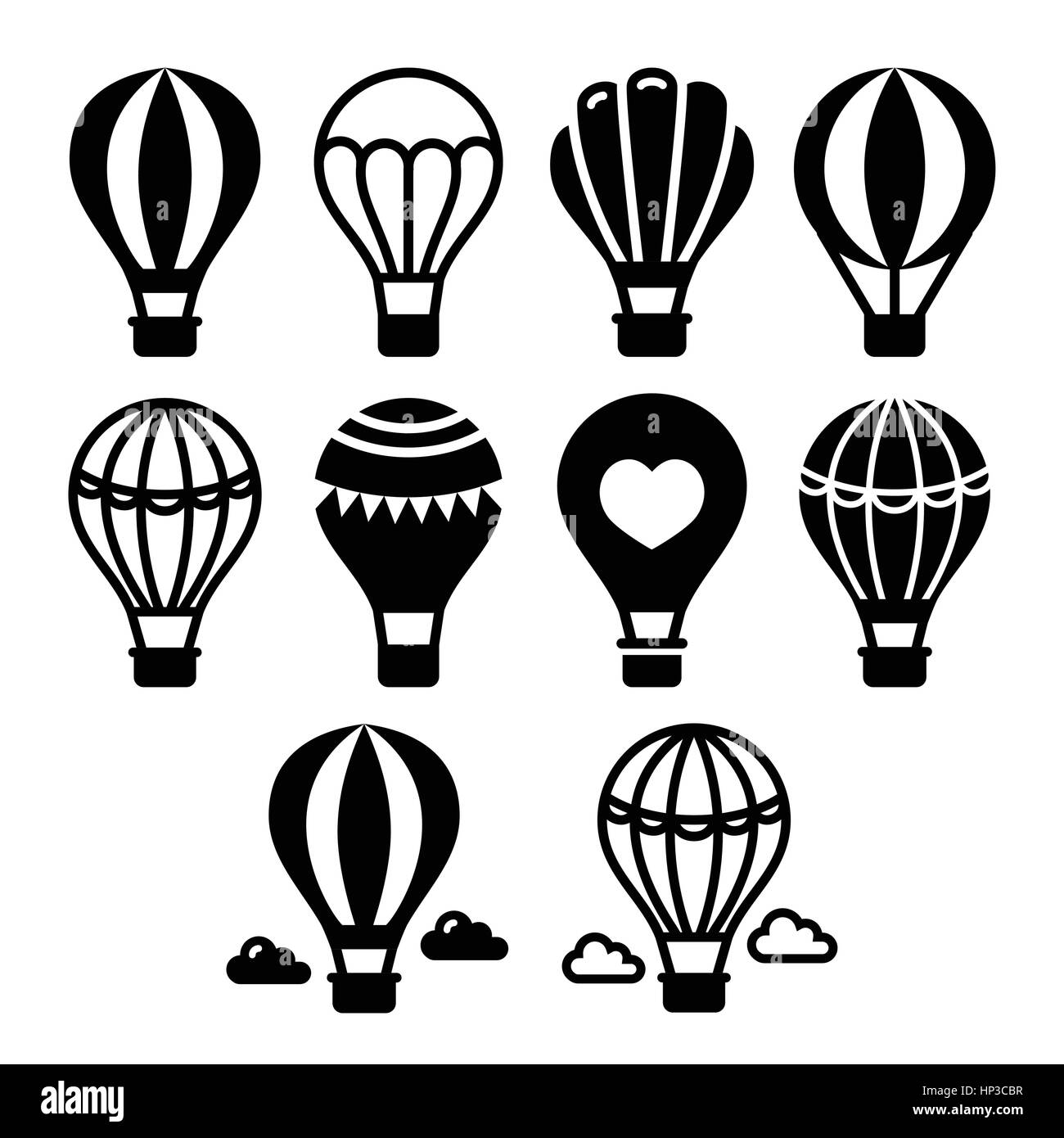 Hot air balloon and clouds icons set. Vector icons set of hot air ...