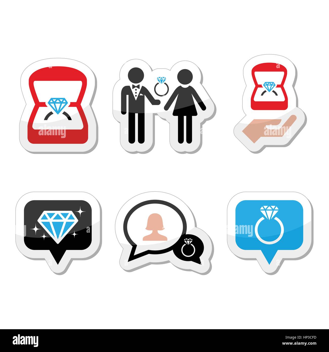 Engagement, diamond ring in box vector icons set. Man proposing, ring ...
