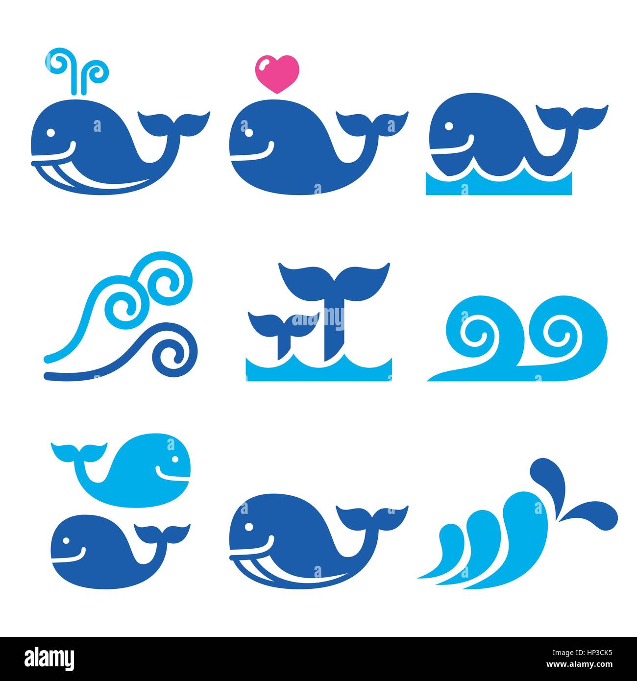 Whale, sea or ocean waves blue icons set. Vector icons set isolated on ...