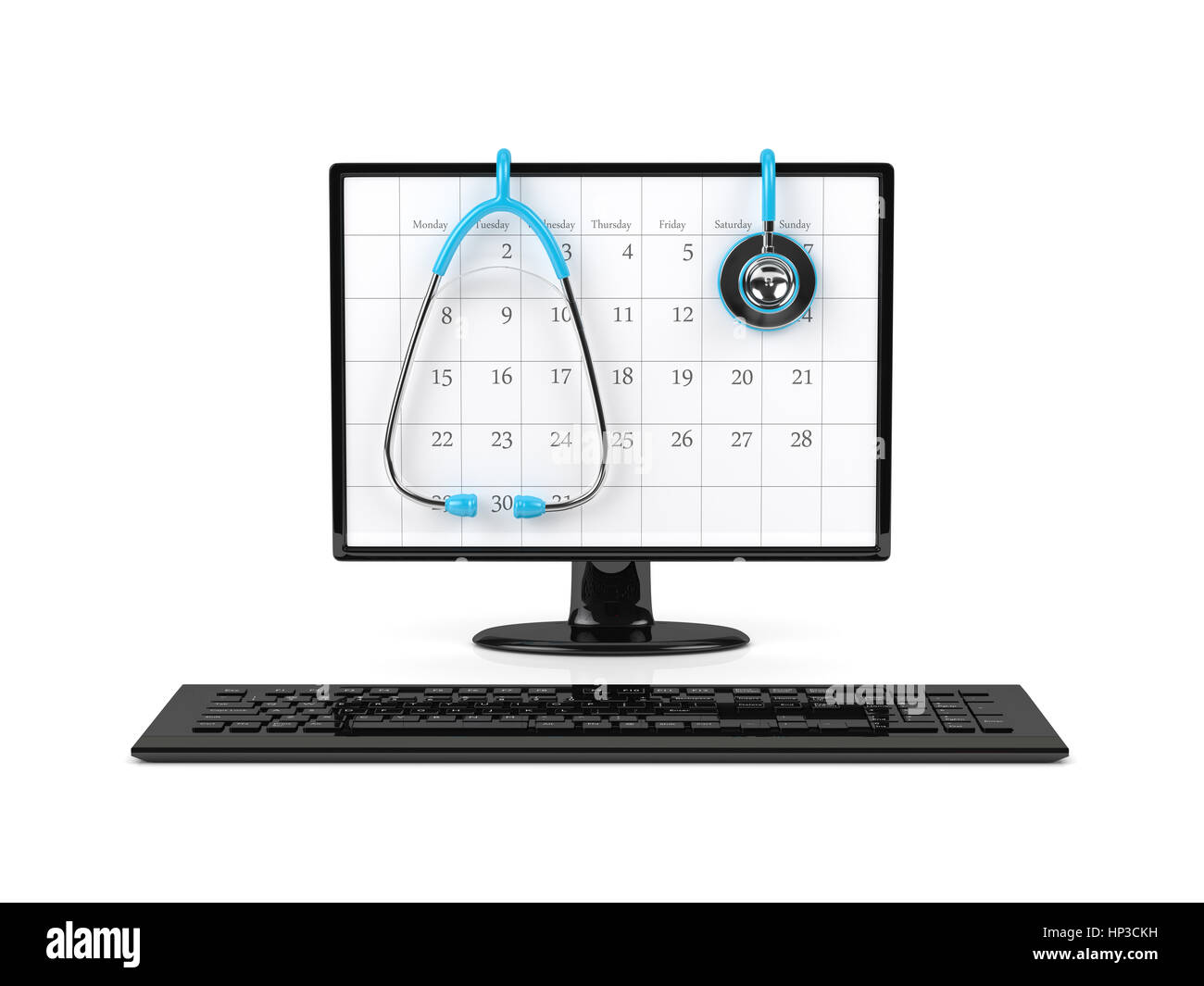 3d rendering of computer monitor with calendar and stethoscope isolated ...