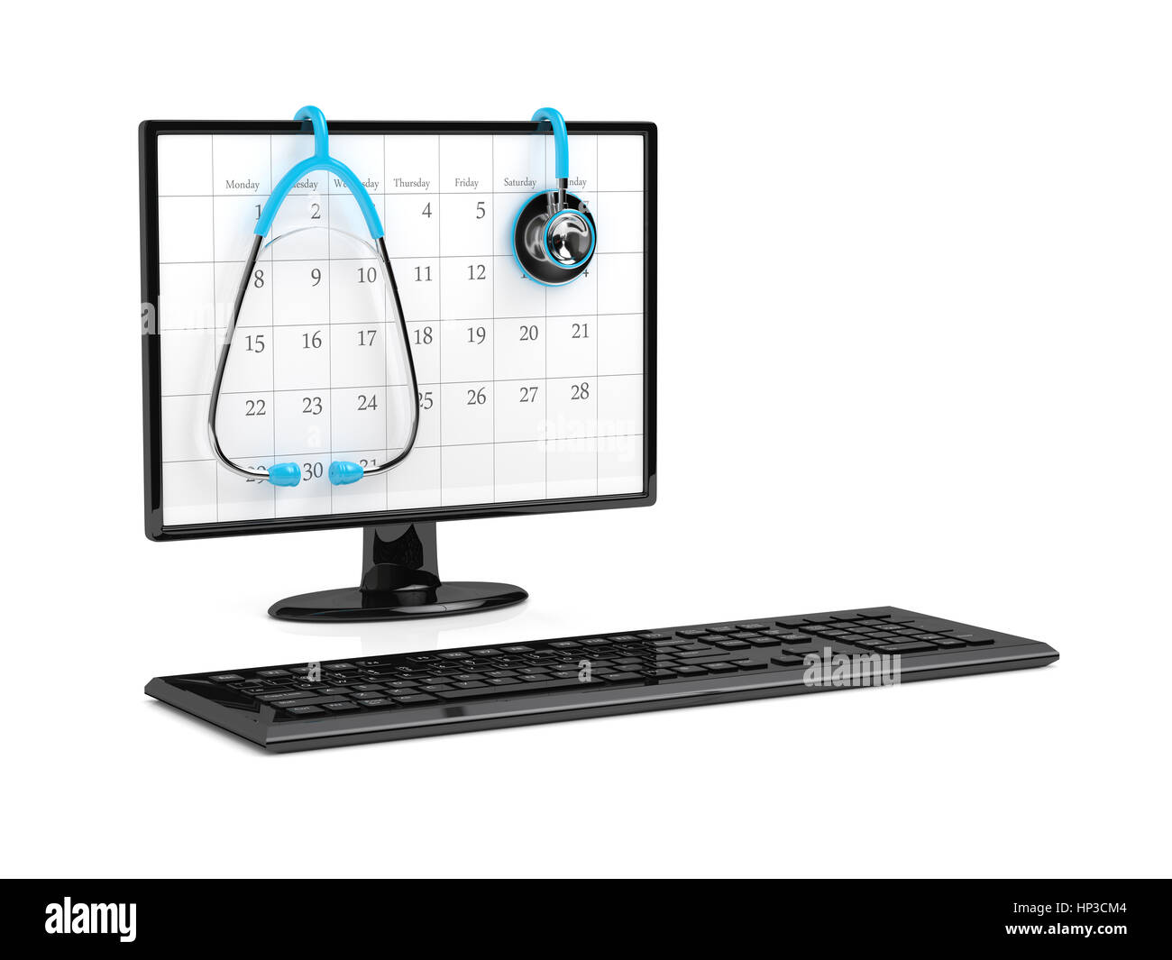 3d rendering of computer monitor with calendar and stethoscope isolated ...