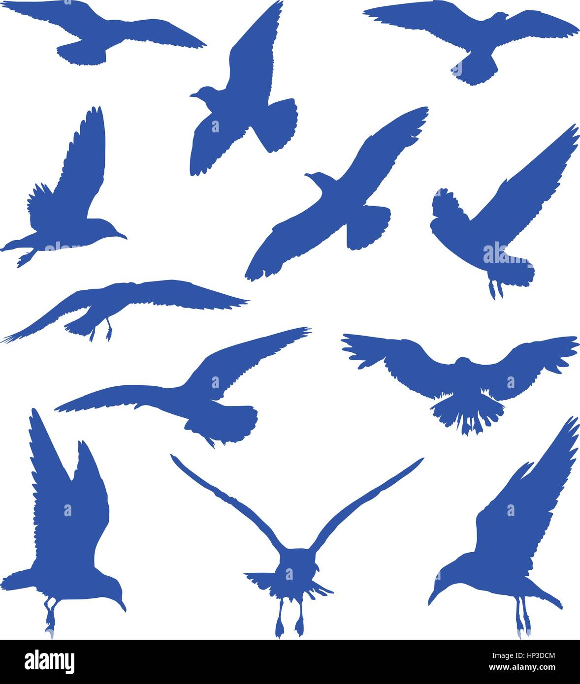 Birds, seagulls in blue silhouettes Stock Vector