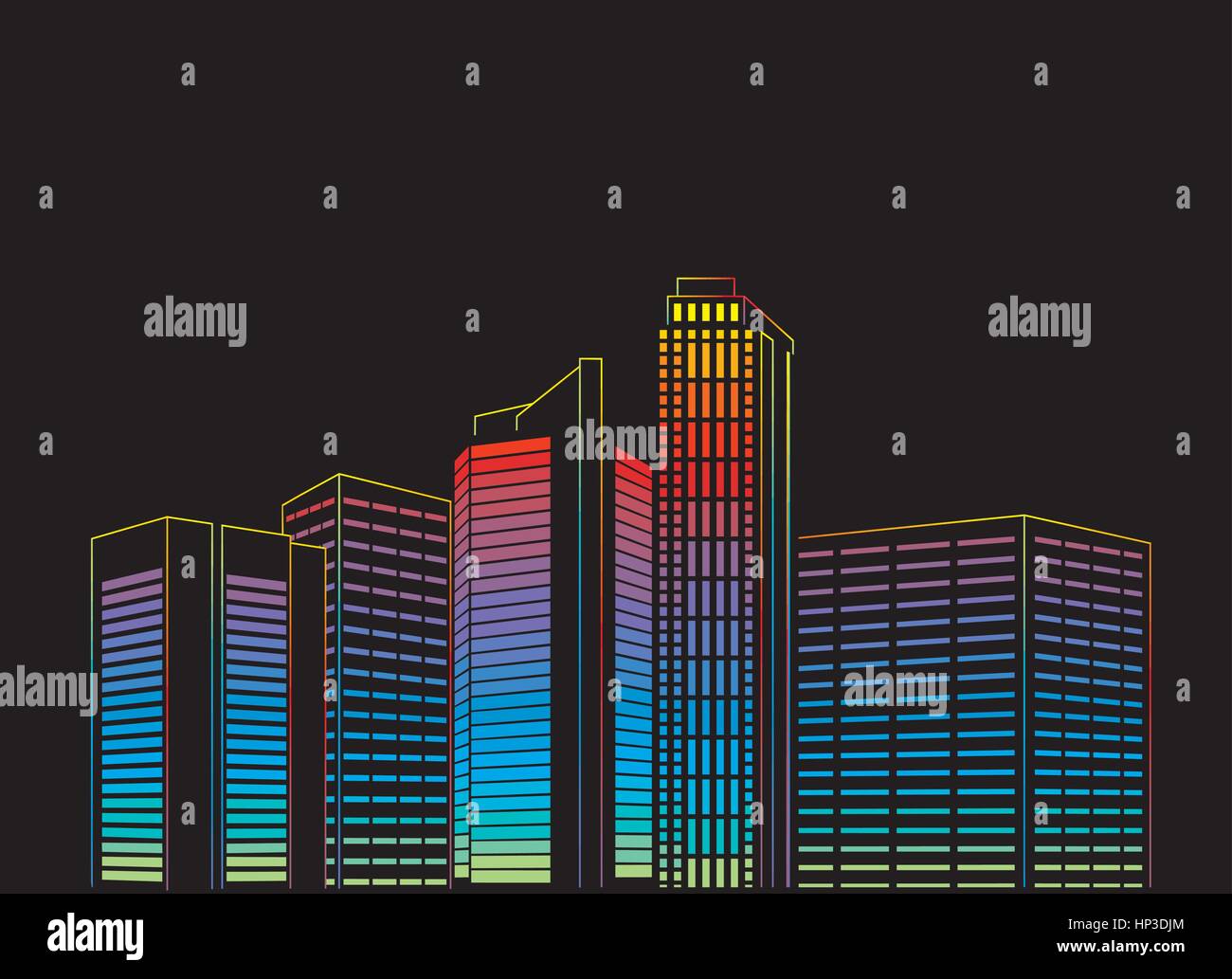 vector art Skyscrapers at night lit colored Neon Stock Vector