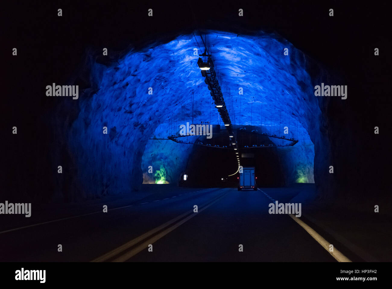 The Lærdal is a long road tunnel between Aurland and Lærdal. The tunnel is divided into four sections, separated by three large mountain caves at 6-ki Stock Photo