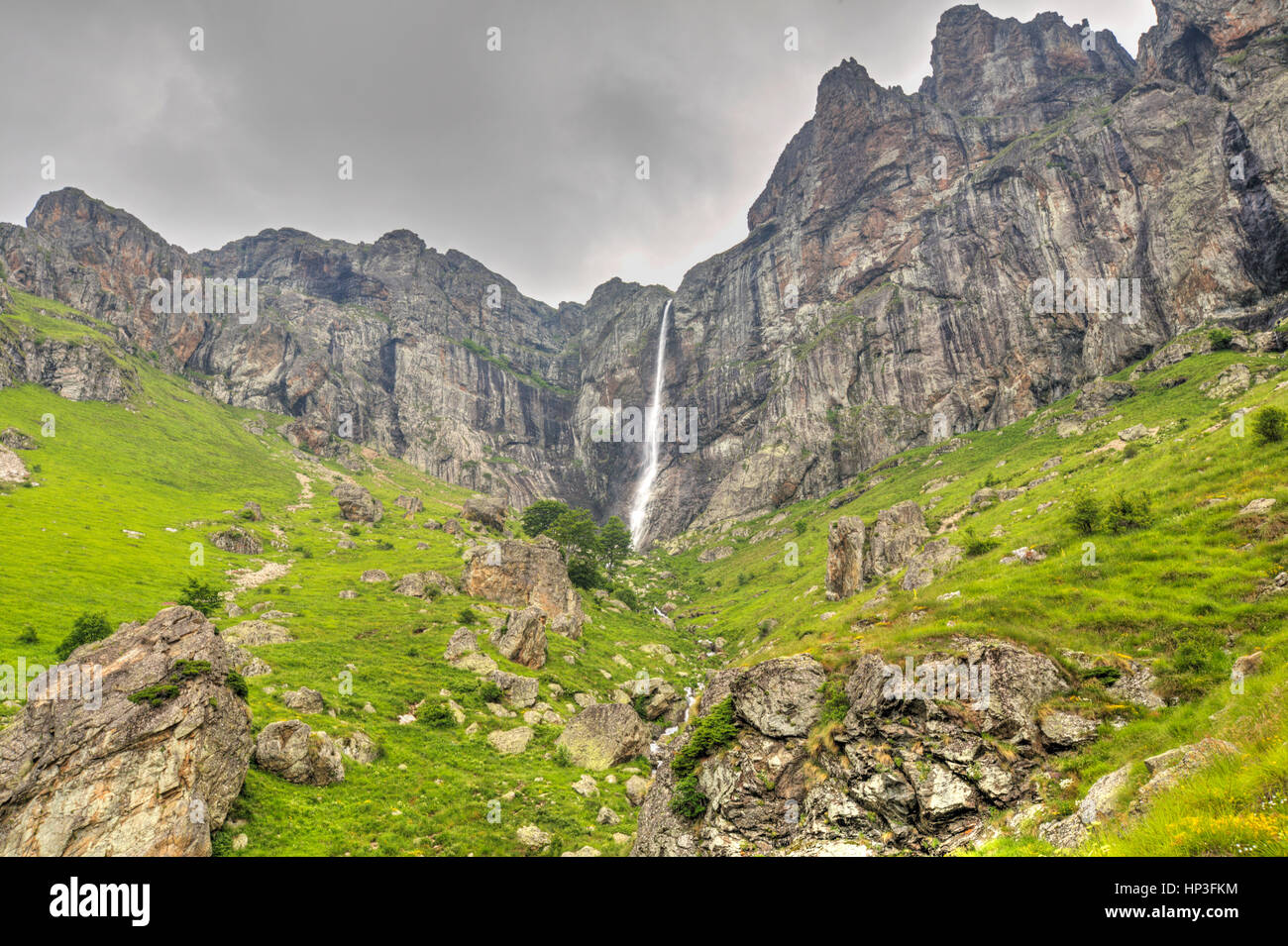 Beautiful mountain landscape with waterfall Stock Photo - Alamy