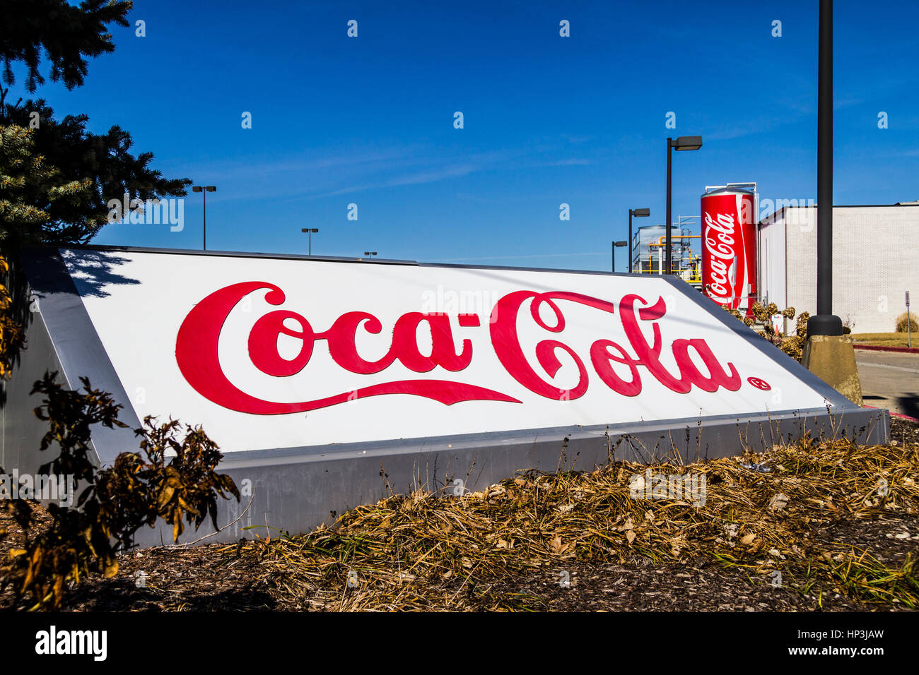 Indianapolis - Circa February 2017: Giant Can of Coca Cola adorns the Bottling Plant. Coke products are among the best selling soft drinks in the US X Stock Photo