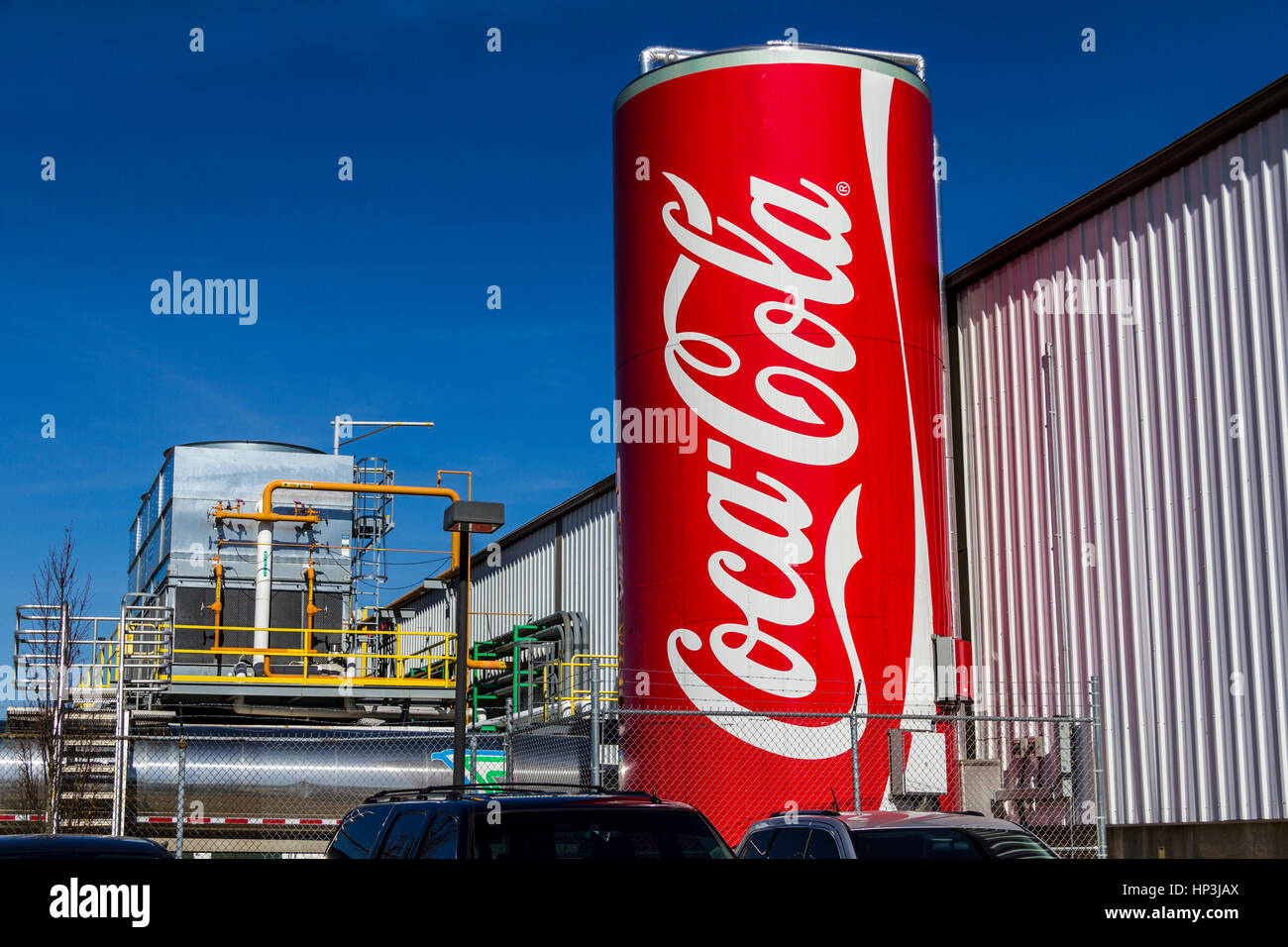 Indianapolis - Circa February 2017: Giant Can of Coca Cola adorns the Bottling Plant. Coke products are among the best selling soft drinks in the US X Stock Photo