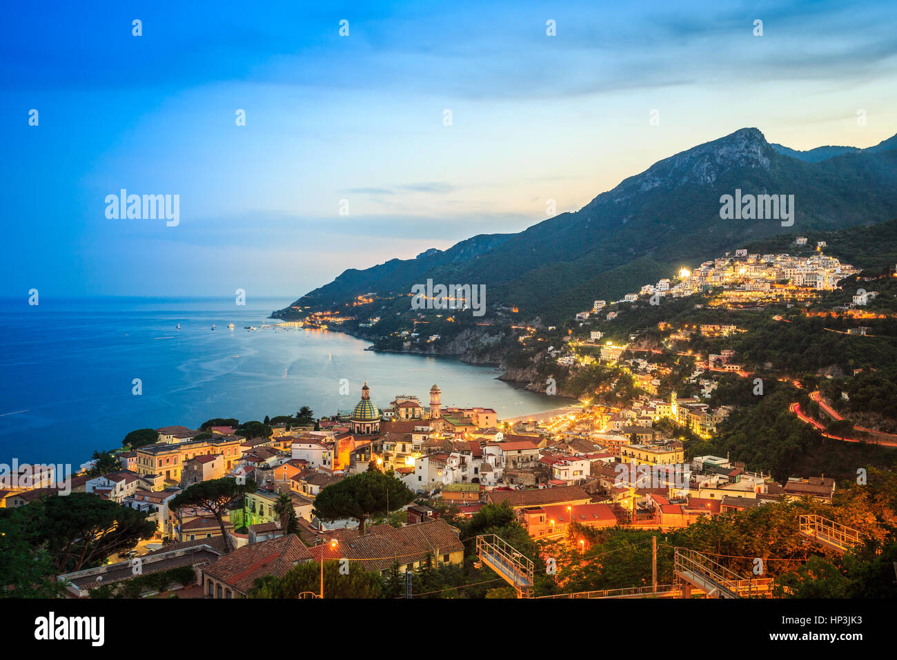 Vietri Sul Mare at dusk, Amalfi Coast, Salerno, Campania, Italy Stock Photo