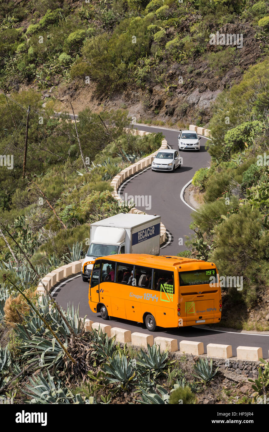 Traffic on the Masca road through the barranco on a narrow twisting steep road, Tenerife, Canary Islands, spain Stock Photo