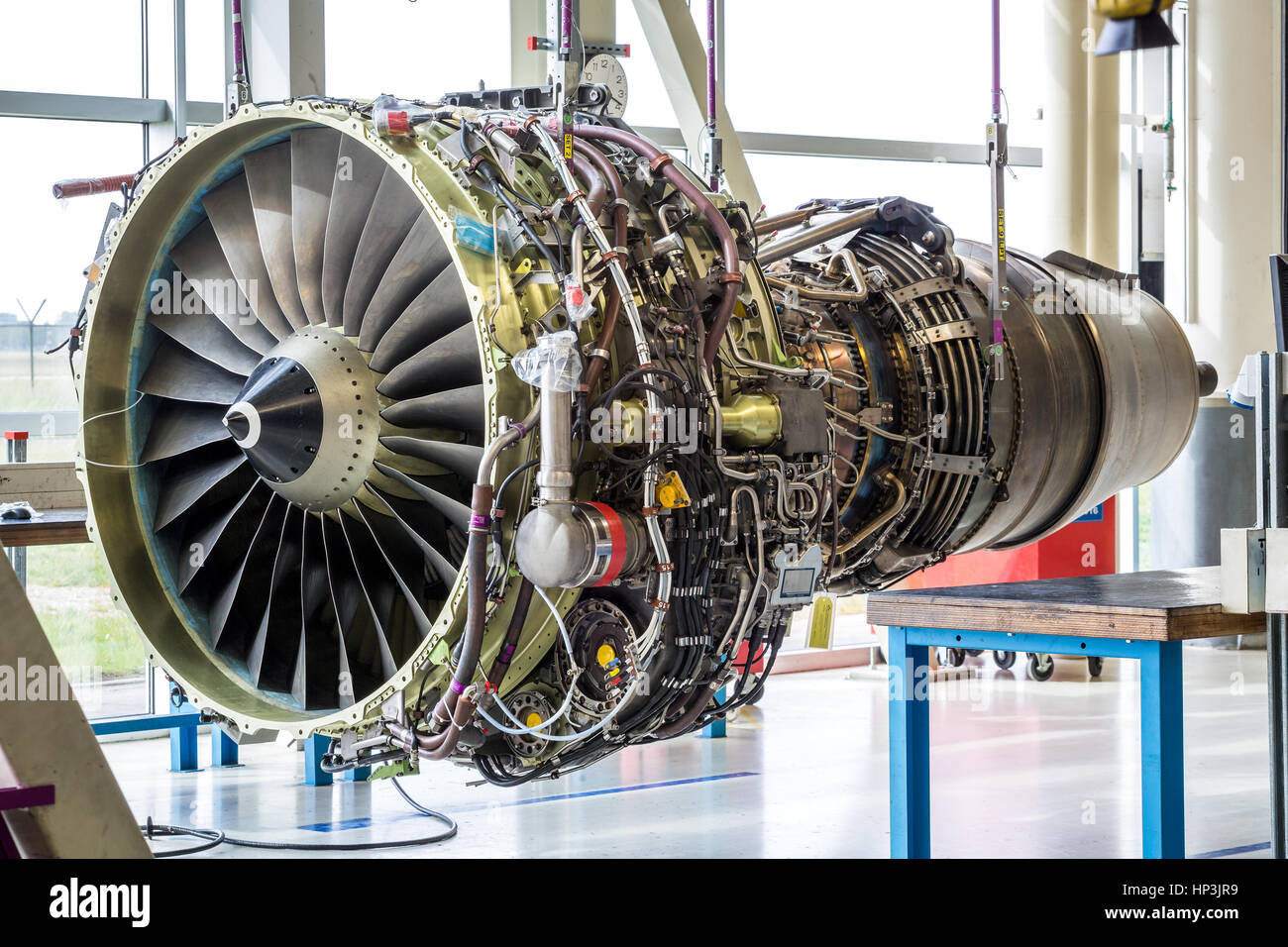 Engine's maintenance in huge industrial hall, airport Shipol, Amsterdam, The Netherlands Stock Photo