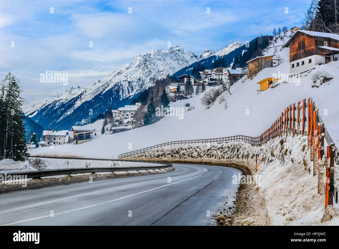 Road to Ischgl, famous skii destination in Austria, Europe. Stock Photo