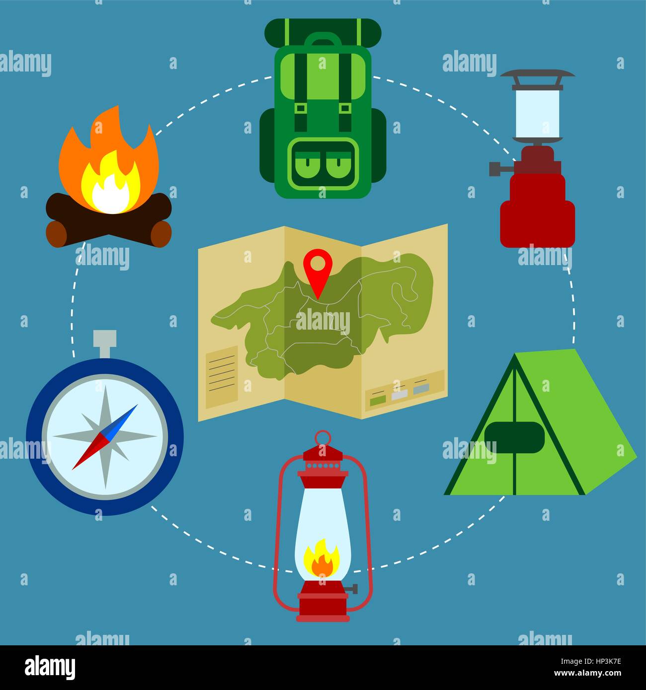 Camping equipment with the map in the center. Hiking icons.Camping