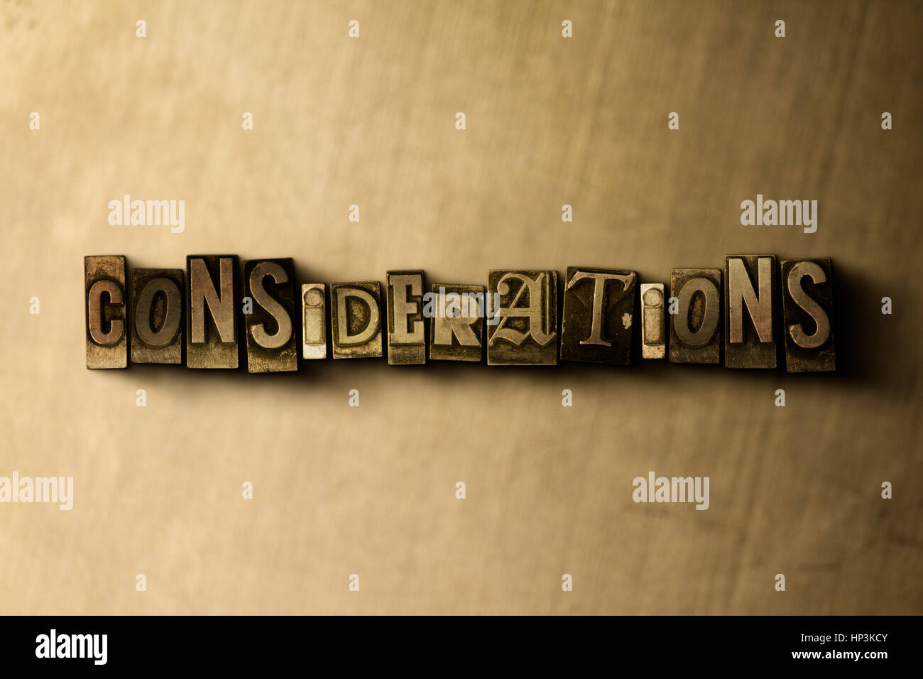 CONSIDERATIONS - close-up of grungy vintage typeset word on metal backdrop. Royalty free stock illustration.  Can be used for online banner ads and di Stock Photo