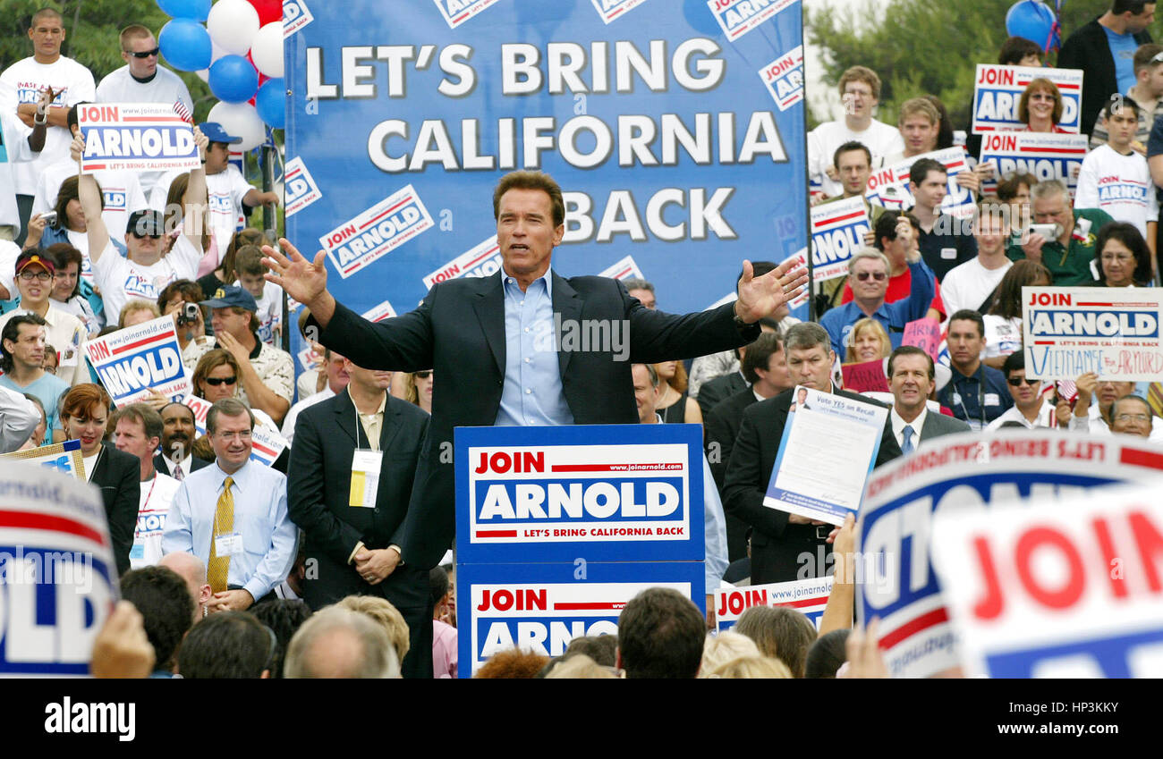 California gubernatorial candidate Arnold Schwarzenegger speaks to