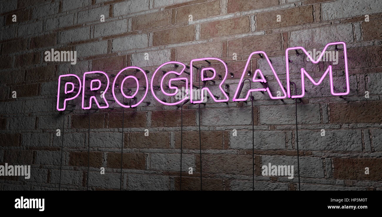 Neon Programming Sign PROGRAM - Glowing Neon Sign on stonework wall - 3D rendered royalty ...
