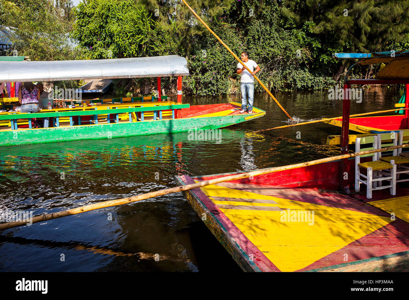 Trajineras on Canal, Xochimilco, Mexico City, Mexico Stock Photo