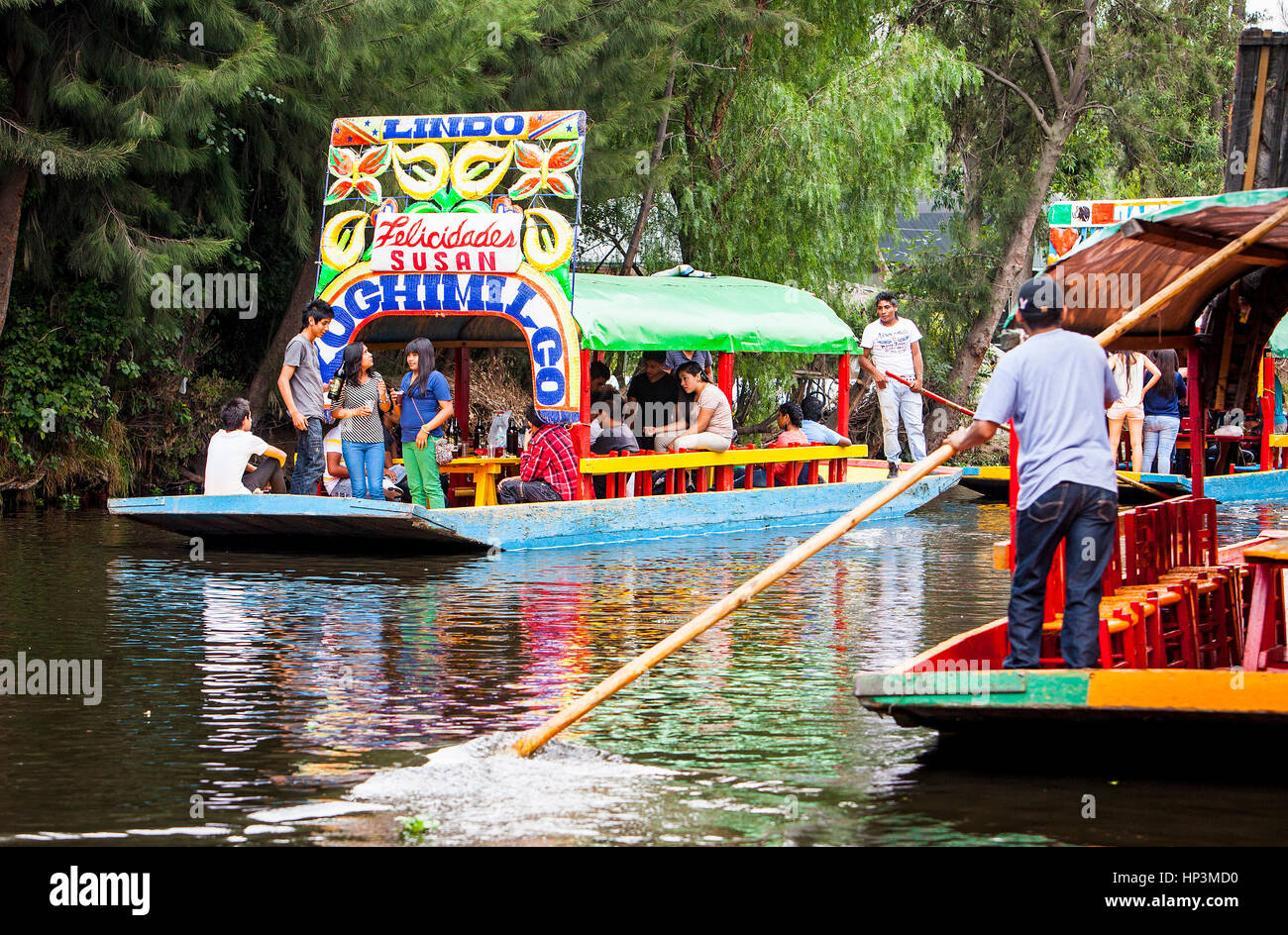 Trajineras on Canal, Xochimilco, Mexico City, Mexico Stock Photo