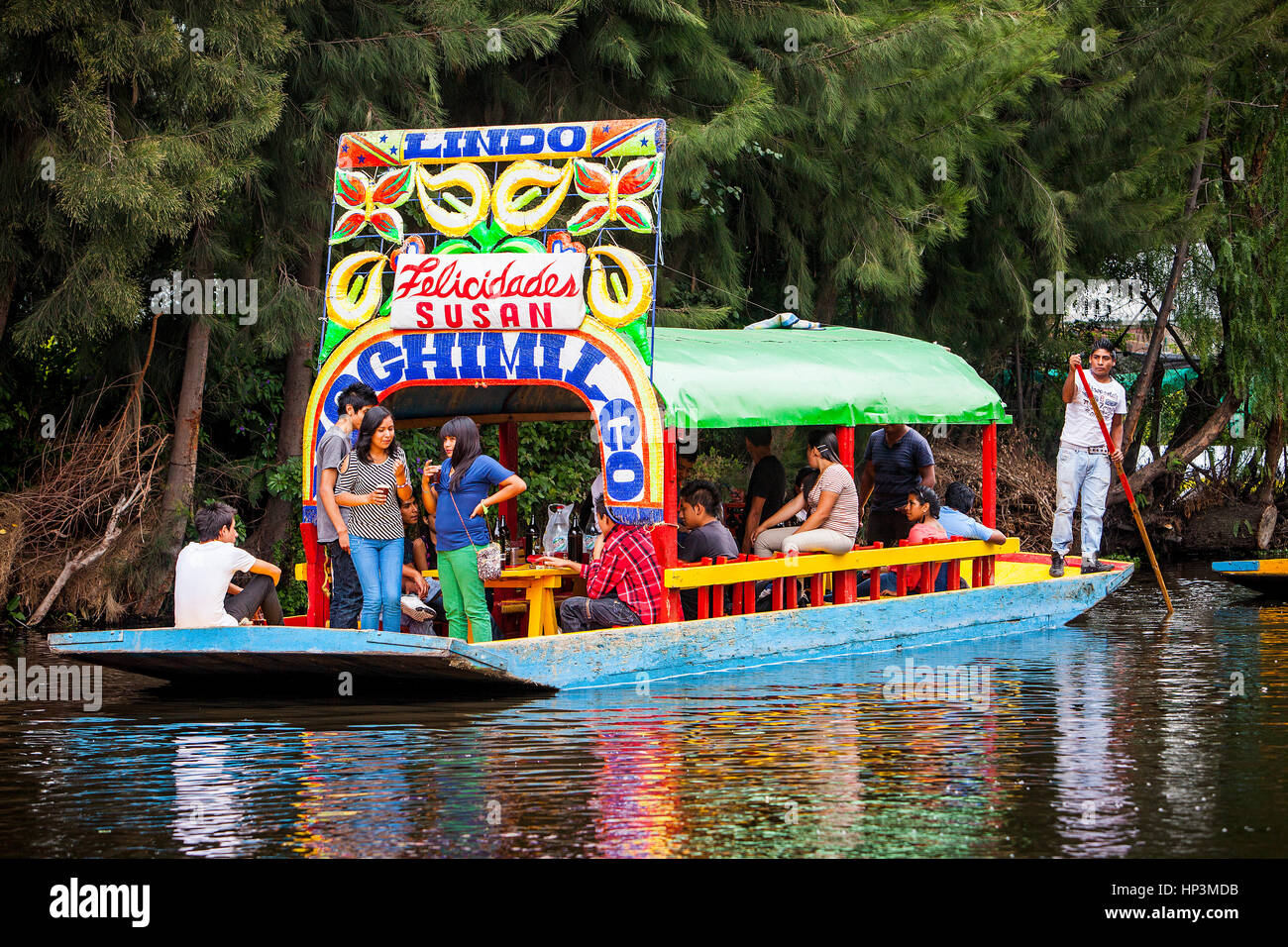 Trajineras on Canal, Xochimilco, Mexico City, Mexico Stock Photo