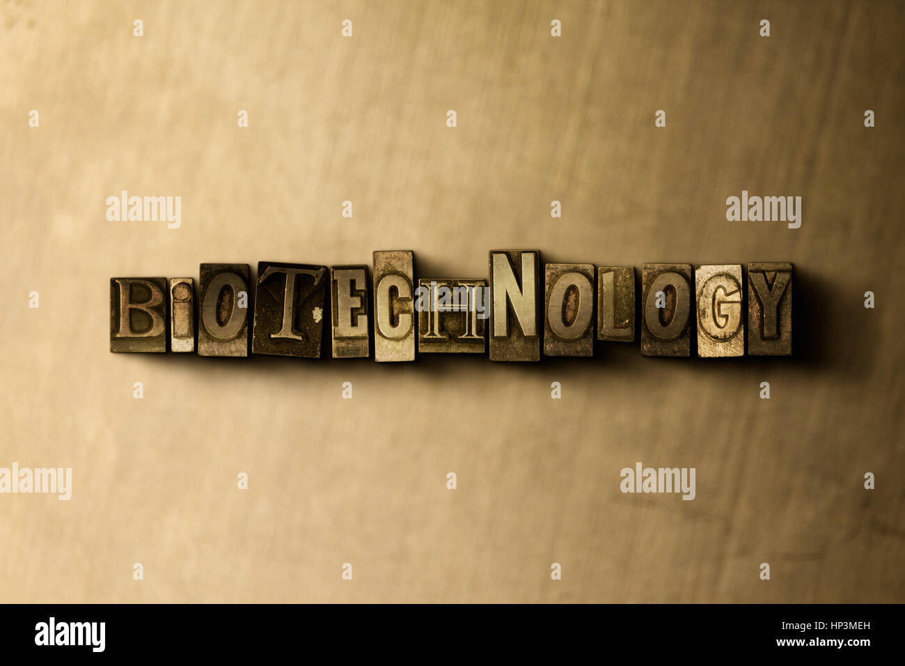 Bio Technology Lettering BIOTECHNOLOGY - close-up of grungy vintage typeset word on metal ...