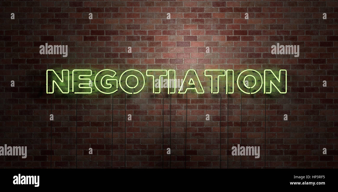 NEGOTIATION - fluorescent Neon tube Sign on brickwork - Front view - 3D ...